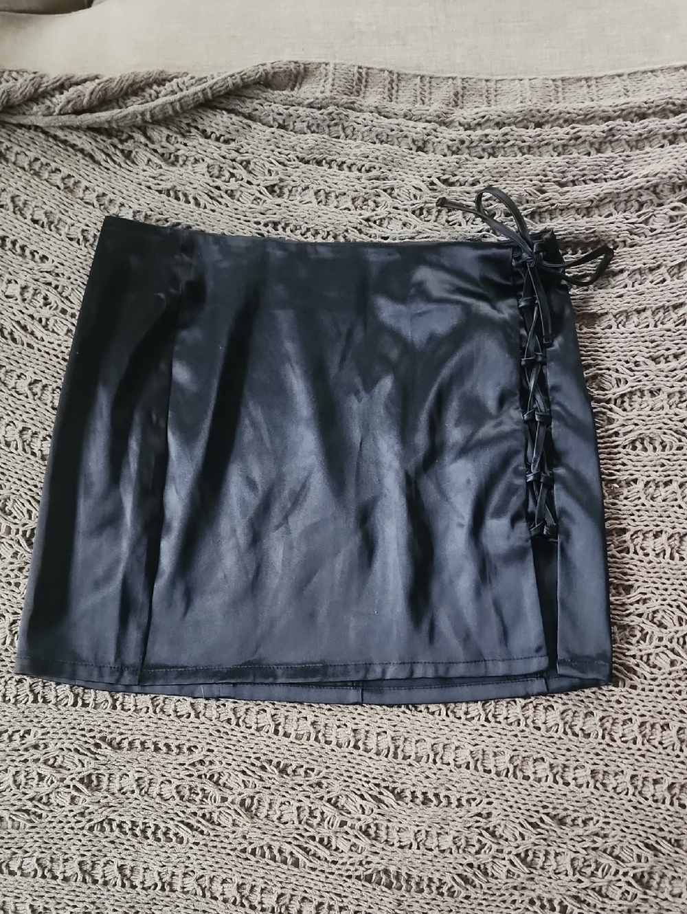 Black Satin Lace-Up Mini Skirt